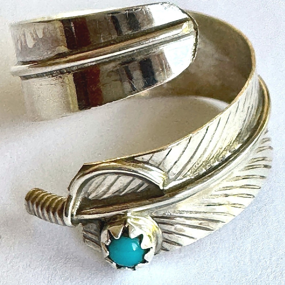 Navajo Turquoise Wrap Ring Feather Sz 8 Adjustable Bypass Sterling Signed AD